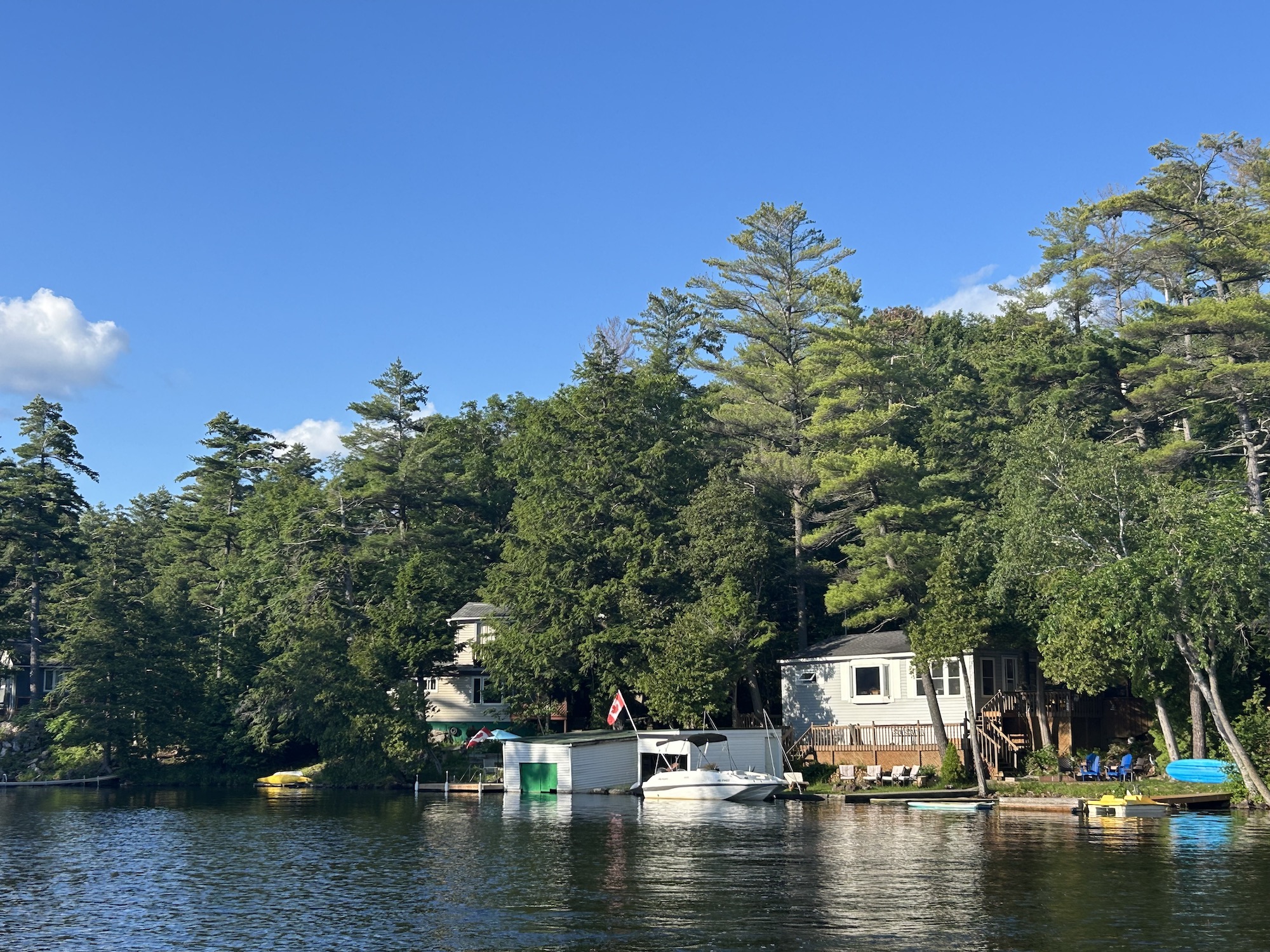Blue Heron Hideaway cottages viewed from across Charleston Lake
